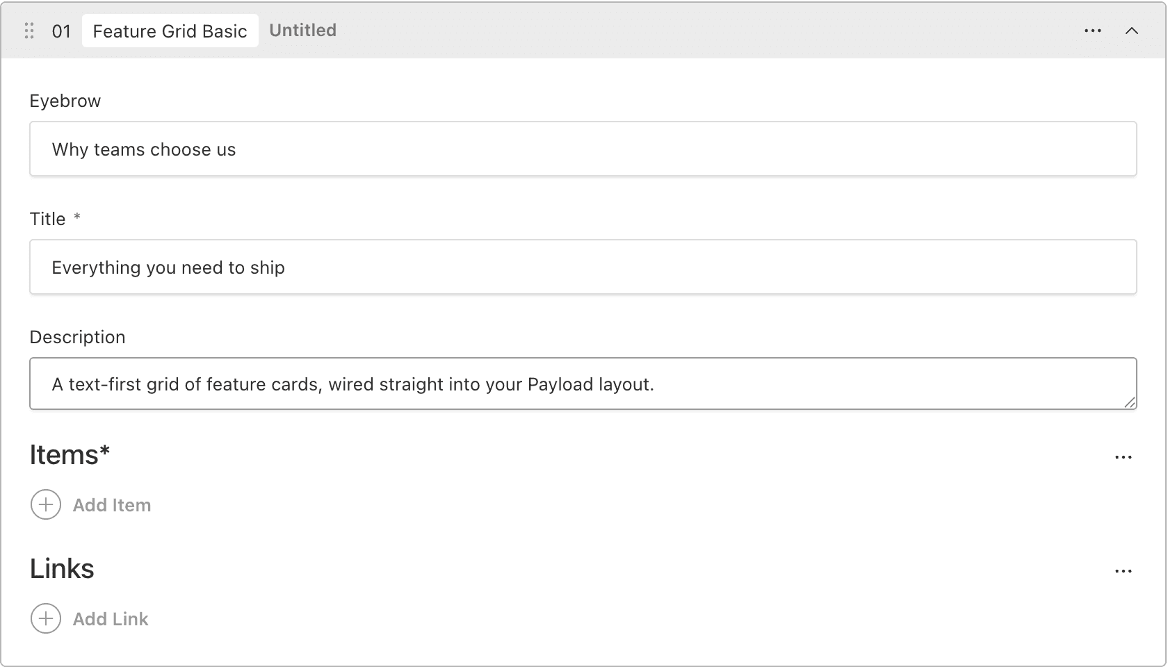 Feature Grid Basic block fields filled in inside the Payload admin