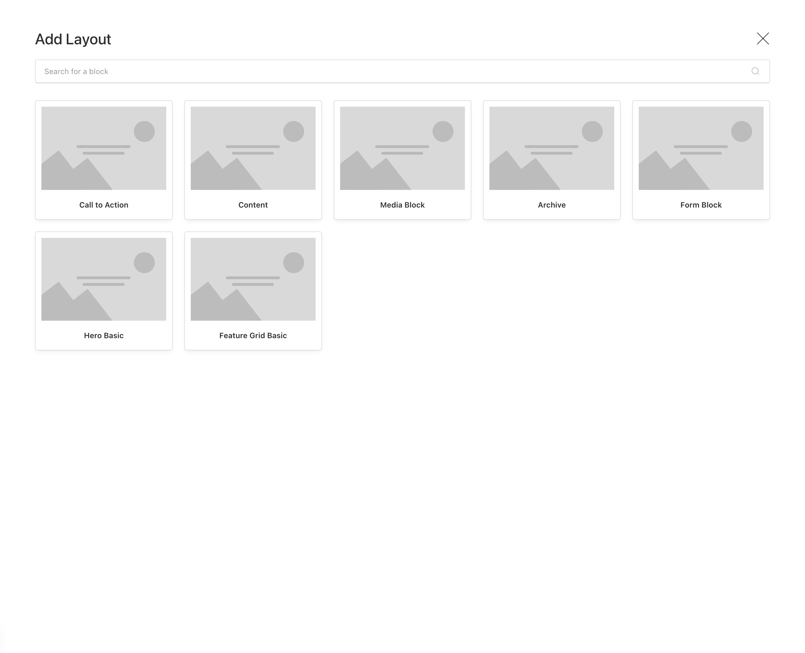 Payload admin block picker showing Feature Grid Basic among the available blocks