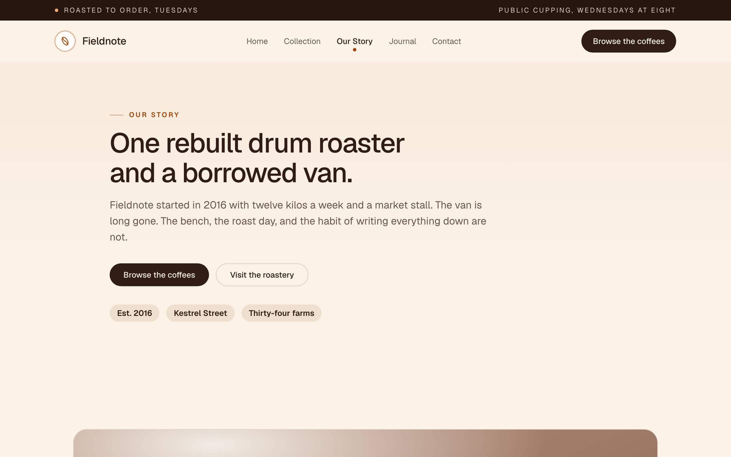 Commerce Brand template — Our Story page concept poster