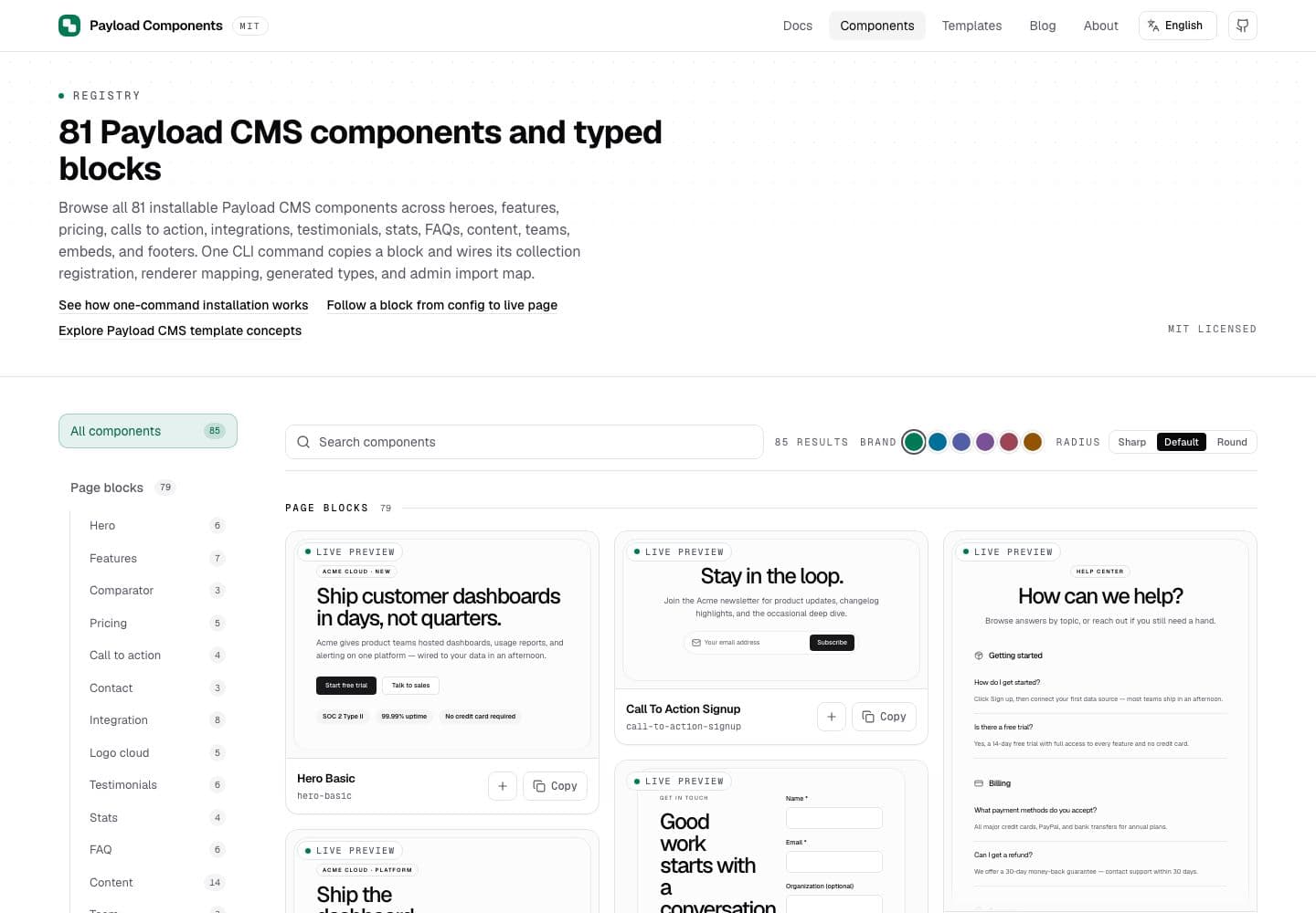 The component catalog with family navigation and installable block previews
