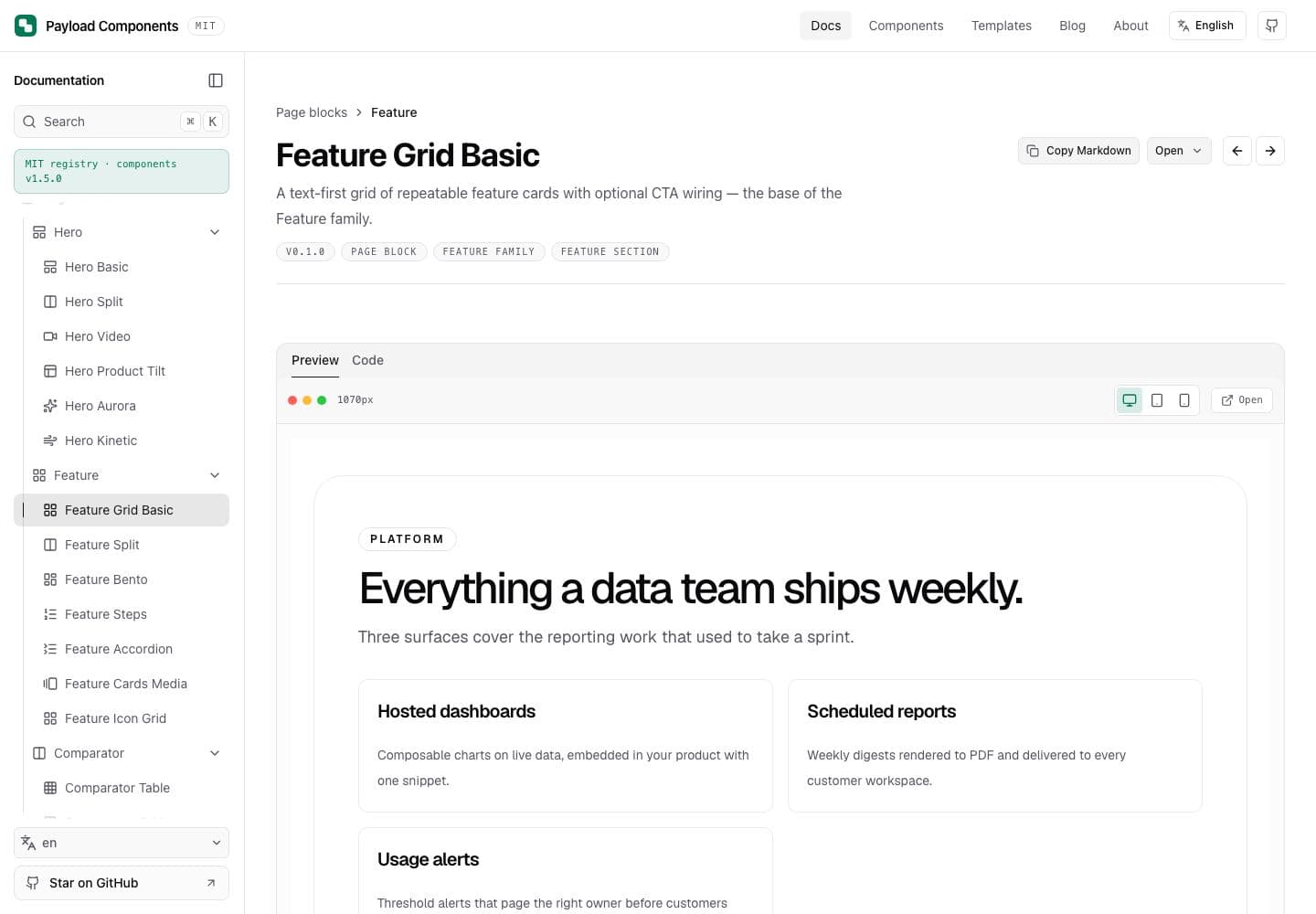 Feature Grid Basic documentation showing its live preview and component navigation