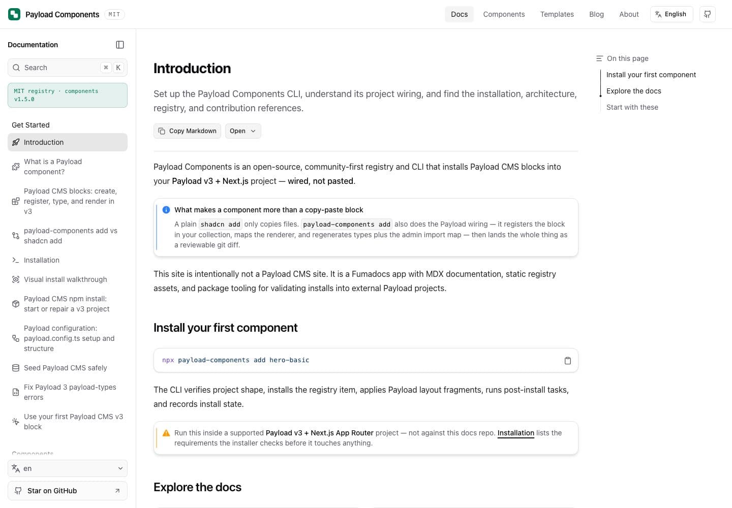 The documentation home with getting-started navigation and installation guidance