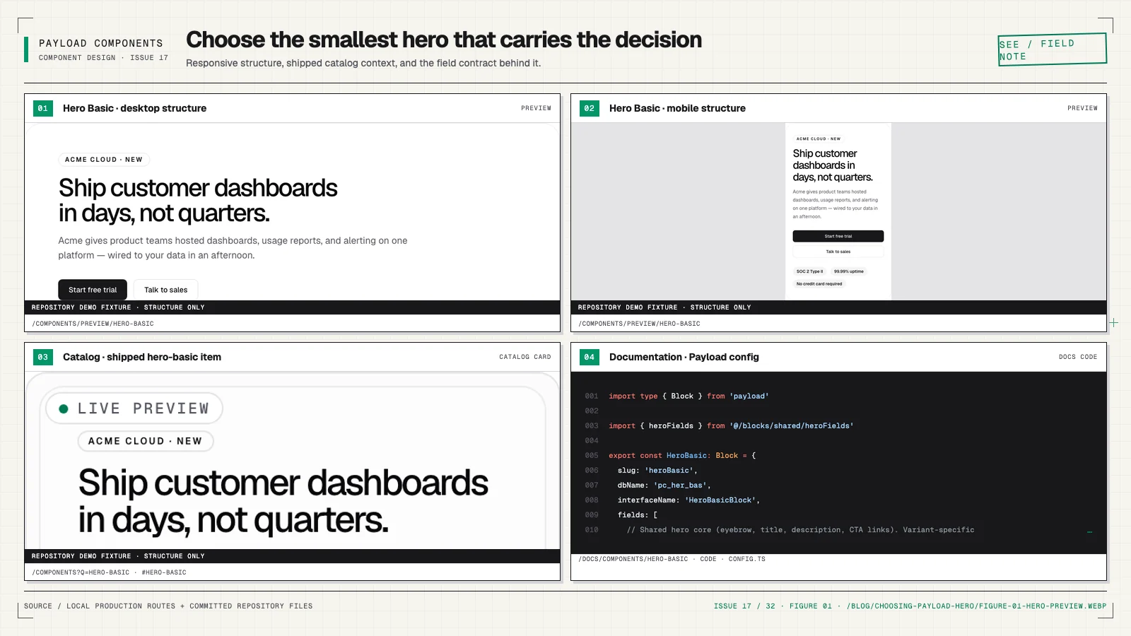Hero Basic’s repository demo fixture at desktop and mobile widths, its catalog card, and the source-backed config shown in the Hero Basic documentation